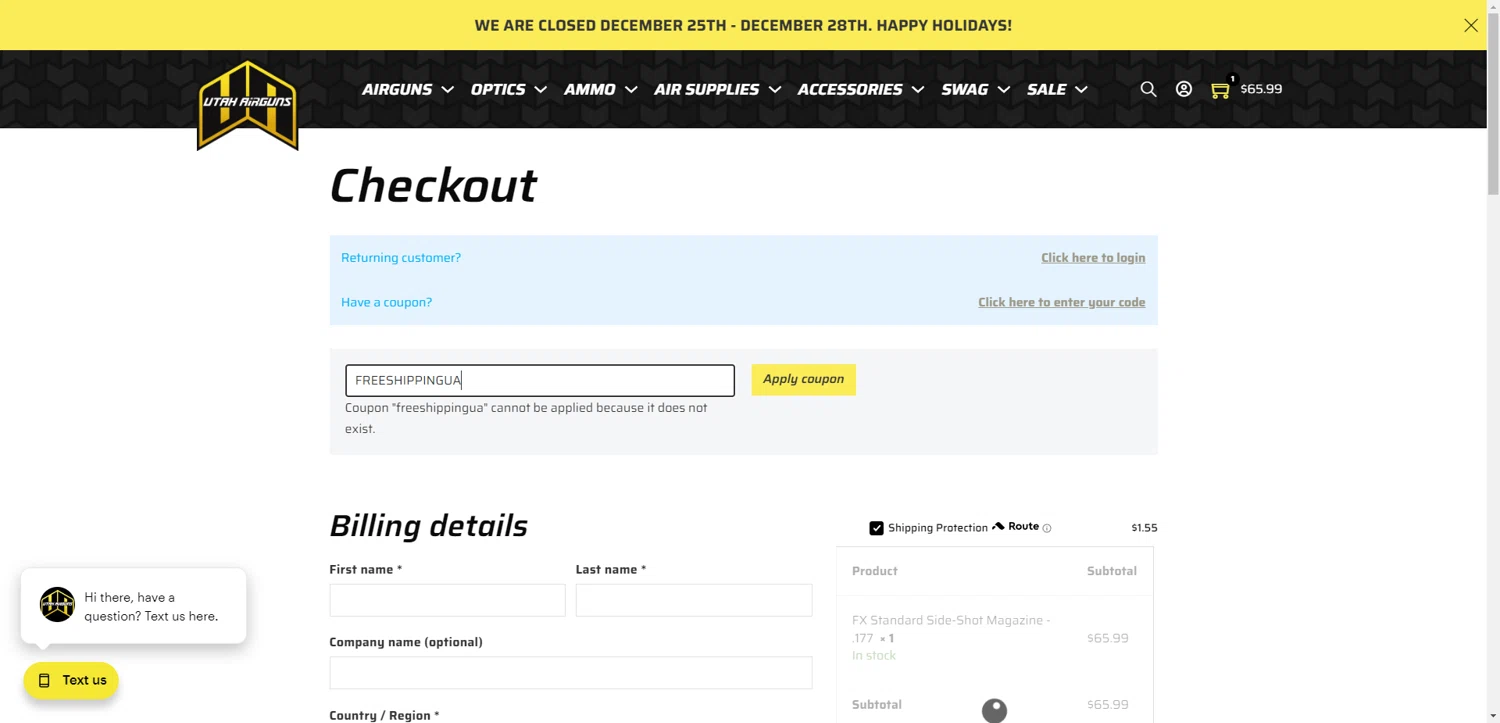 Utah Airguns coupon code screenshot showing code FREESHIPPINGUA applied at Utah Airguns checkout page. Uploaded by SimplyCodes community member EpicEagle816 on Dec 23, 2025