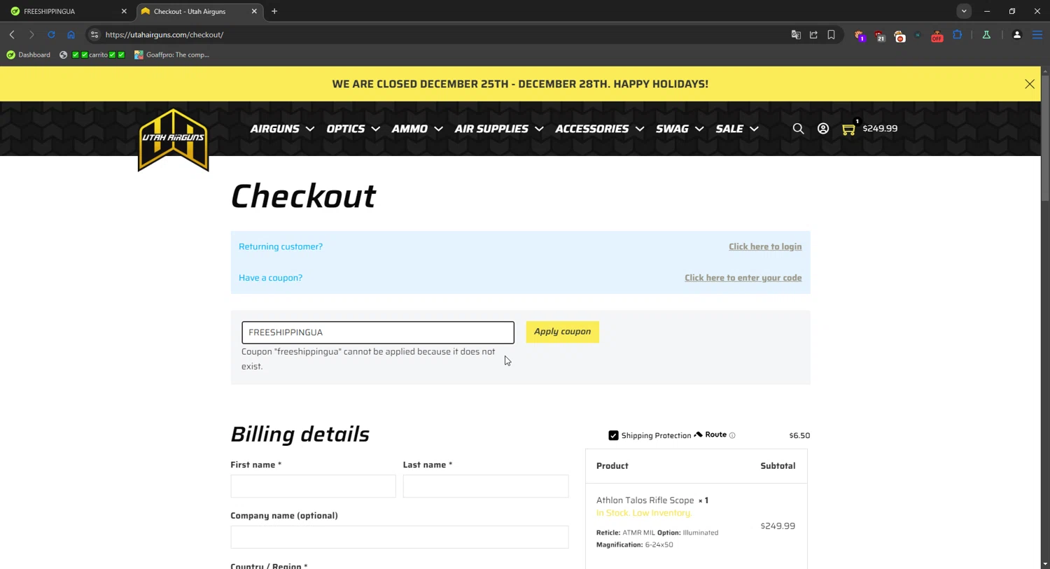Utah Airguns coupon code screenshot showing code FREESHIPPINGUA applied at Utah Airguns checkout page. Uploaded by SimplyCodes community member Mriko_Kien_lo_lea on Dec 23, 2025