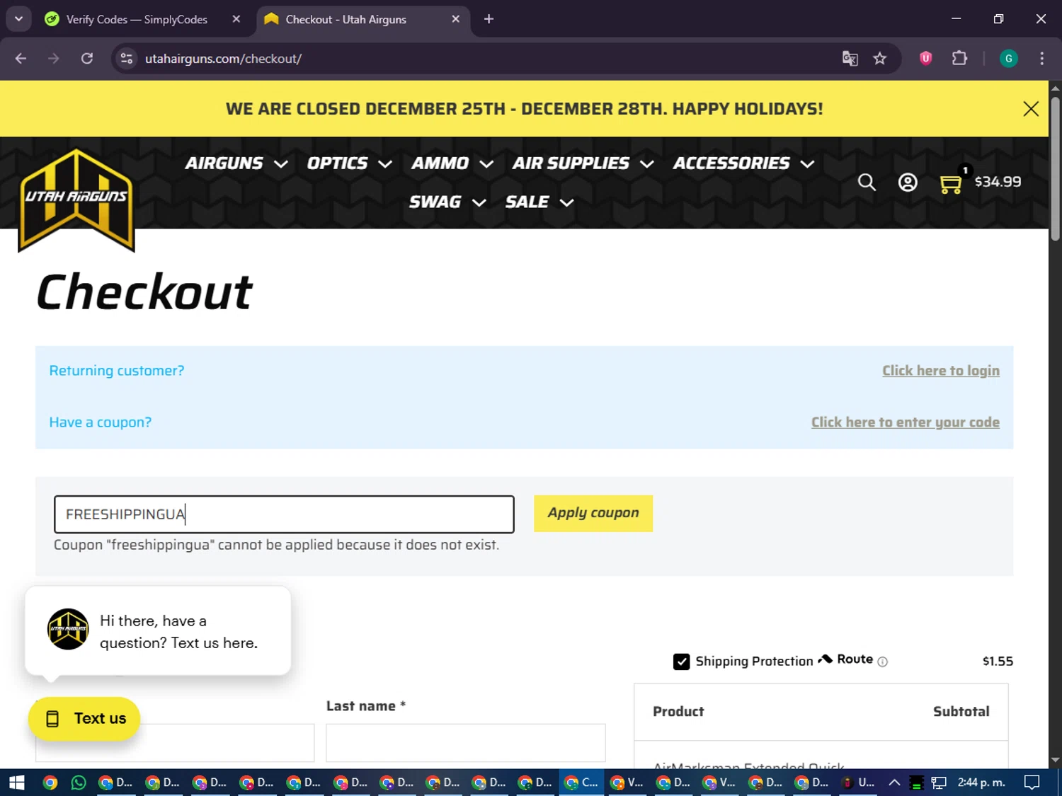 Utah Airguns coupon code screenshot showing code FREESHIPPINGUA applied at Utah Airguns checkout page. Uploaded by SimplyCodes community member PennyFinder5759 on Dec 23, 2025
