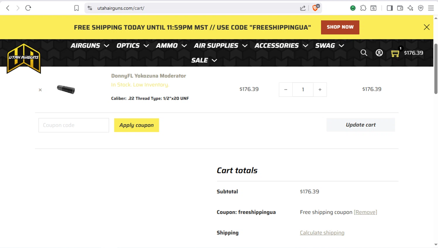 Utah Airguns checkout page showing Utah Airguns coupon code box | Screenshot taken by SimplyCodes community member on Dec 17, 2025