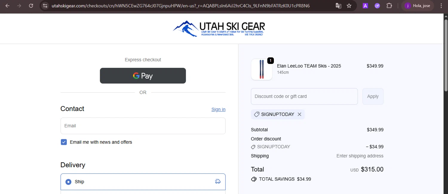 Utah Ski Gear discount code screenshot showing code SIGNUPTODAY applied at Utah Ski Gear checkout page. Uploaded by SimplyCodes community member CoinMaverick1452 on Nov 12, 2025