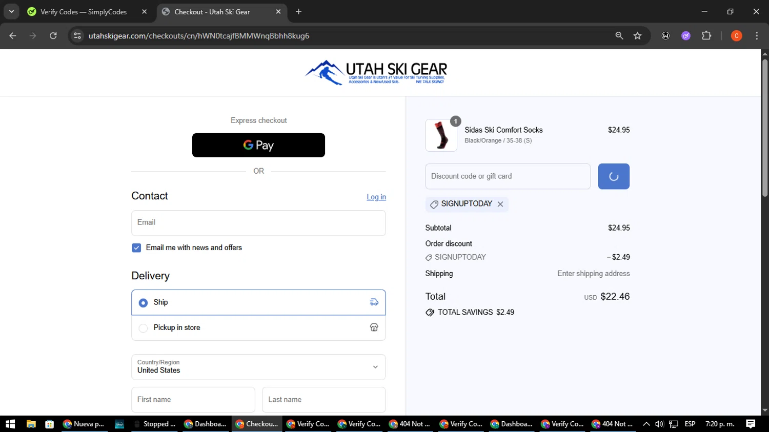 Utah Ski Gear discount code screenshot showing code SIGNUPTODAY applied at Utah Ski Gear checkout page. Uploaded by SimplyCodes community member NatanaelCano on Jul 21, 2025