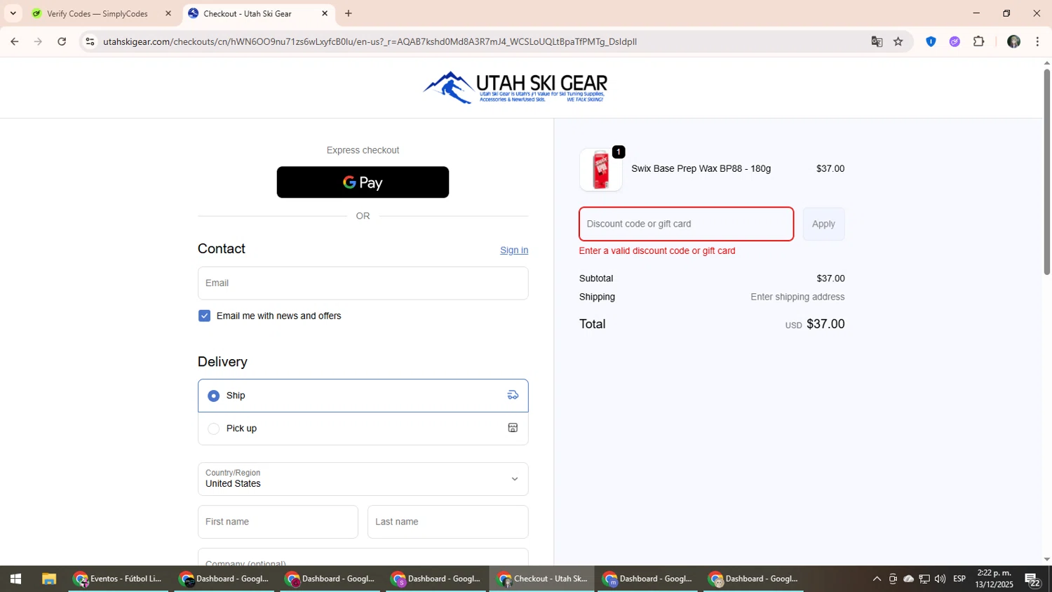 Utah Ski Gear discount code screenshot showing code ARTECHSKI5 applied at Utah Ski Gear checkout page. Uploaded by SimplyCodes community member CleverLynx6871 on Dec 13, 2025