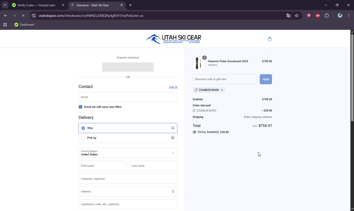 Utah Ski Gear discount code screenshot showing code 22Q6BZE4830S applied at Utah Ski Gear checkout page. Uploaded by SimplyCodes community member BudgetWizard6950 on Sep 14, 2025