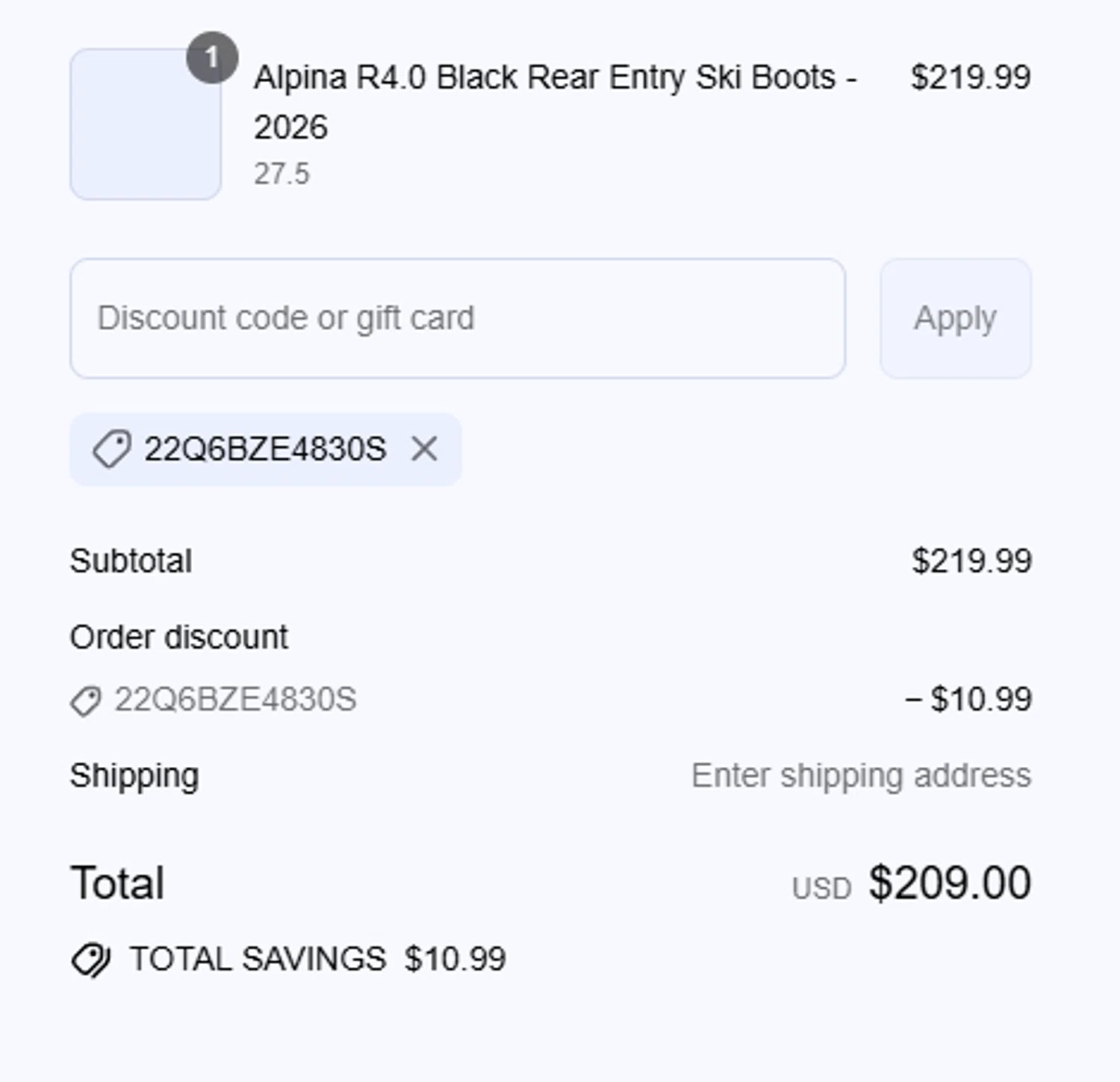Utah Ski Gear discount code screenshot showing code 22Q6BZE4830S applied at Utah Ski Gear checkout page. Uploaded by SimplyCodes community member CrownSleuth7125 on Sep 10, 2025
