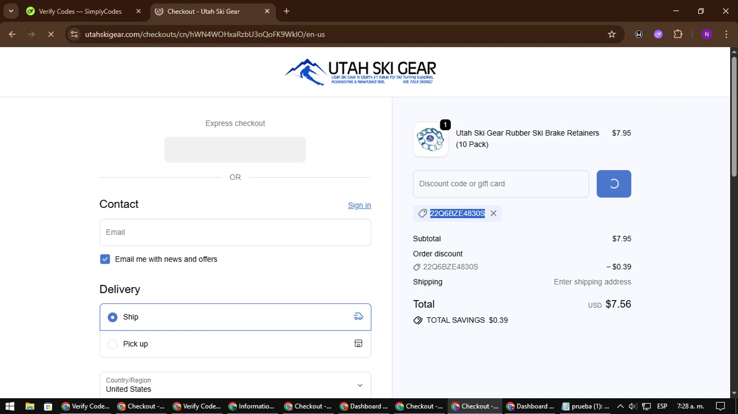 Utah Ski Gear discount code screenshot showing code 22Q6BZE4830S applied at Utah Ski Gear checkout page. Uploaded by SimplyCodes community member NATAAAAAANAELCANO on Oct 25, 2025