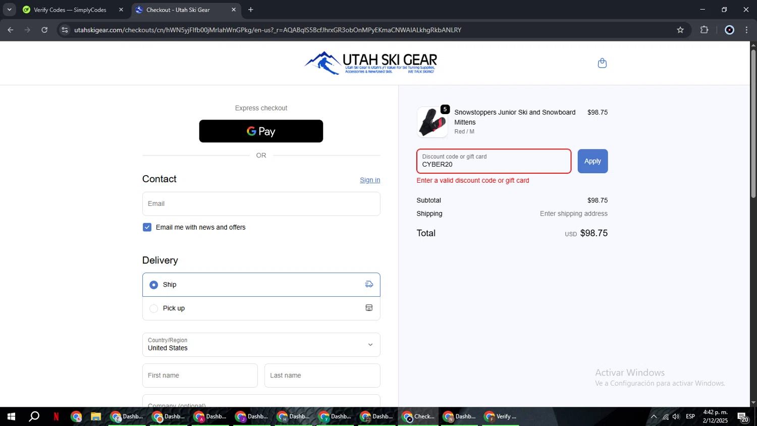 Utah Ski Gear discount code screenshot showing code CYBER20 applied at Utah Ski Gear checkout page. Uploaded by SimplyCodes community member RoyalBoss4384 on Dec 2, 2025