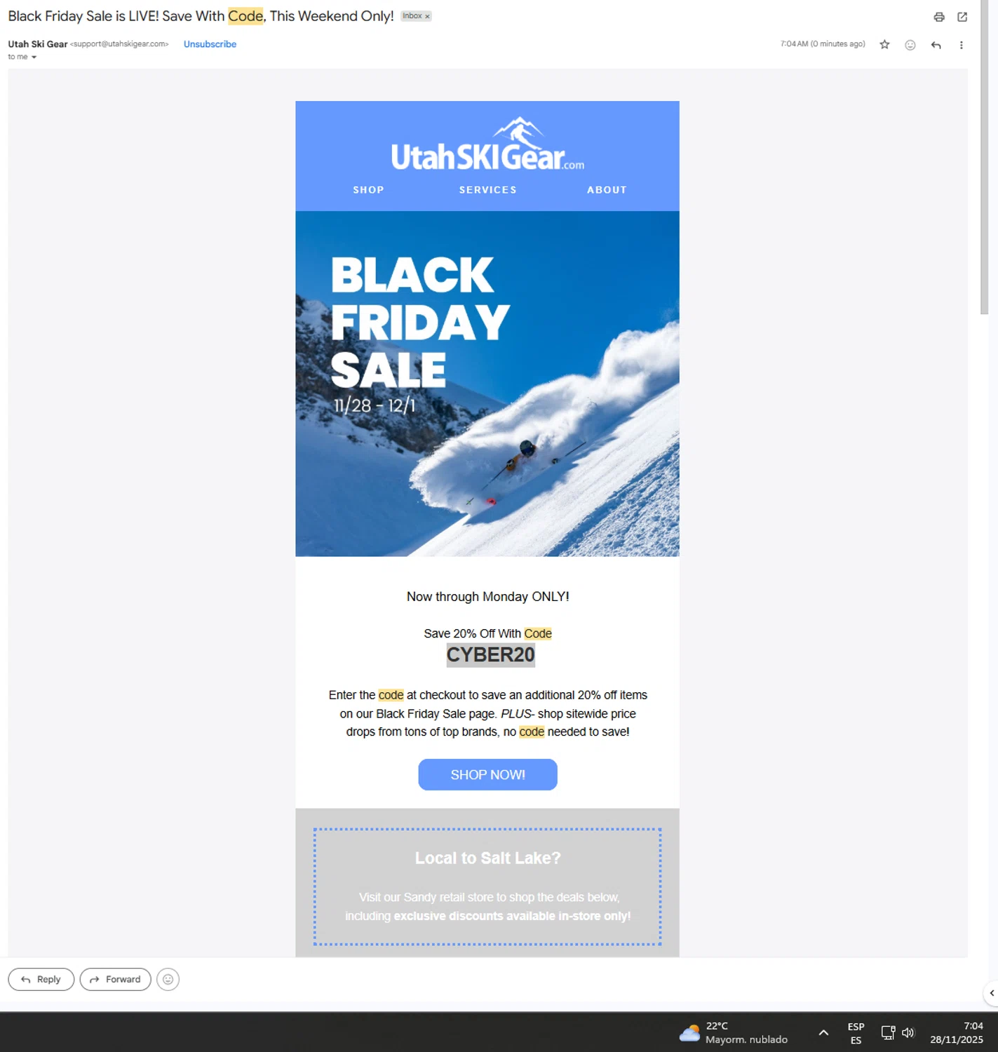Utah Ski Gear discount code screenshot showing code CYBER20 applied at Utah Ski Gear checkout page. Uploaded by SimplyCodes community member UnkNownVnzla on Nov 28, 2025
