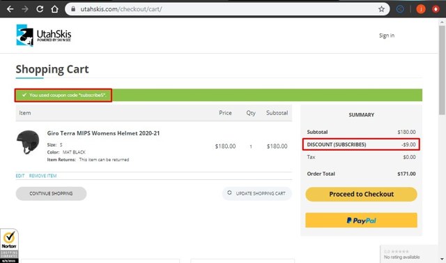 Utah Skis checkout page showing Utah Skis discount code box | Screenshot taken by SimplyCodes community member on May 6, 2021