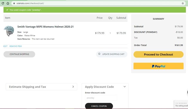 Utah Skis checkout page showing Utah Skis discount code box | Screenshot taken by SimplyCodes community member on May 31, 2021