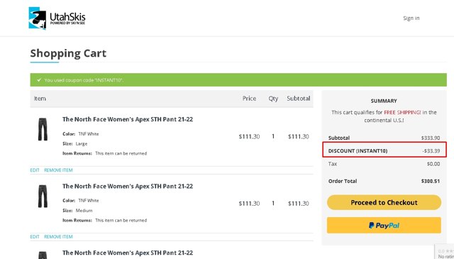 Utah Skis checkout page showing Utah Skis discount code box | Screenshot taken by SimplyCodes community member on Apr 18, 2022