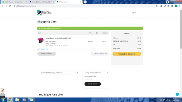 Utah Skis checkout page showing Utah Skis discount code box | Screenshot taken by SimplyCodes community member on May 24, 2021
