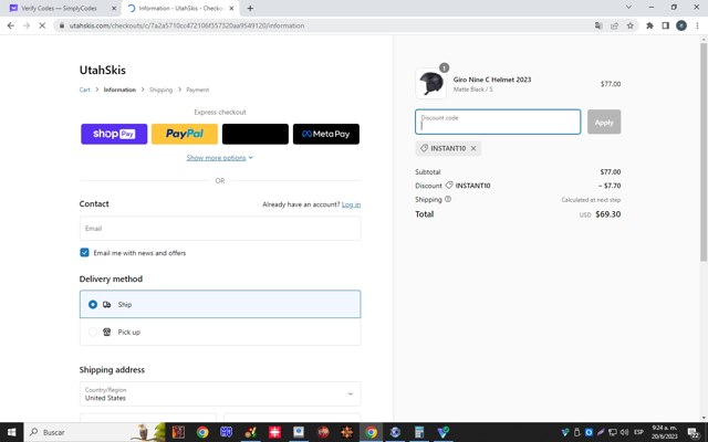Utah Skis checkout page showing Utah Skis discount code box | Screenshot taken by SimplyCodes community member on Jun 20, 2023