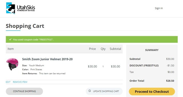 Utah Skis checkout page showing Utah Skis discount code box | Screenshot taken by SimplyCodes community member on Jun 1, 2021