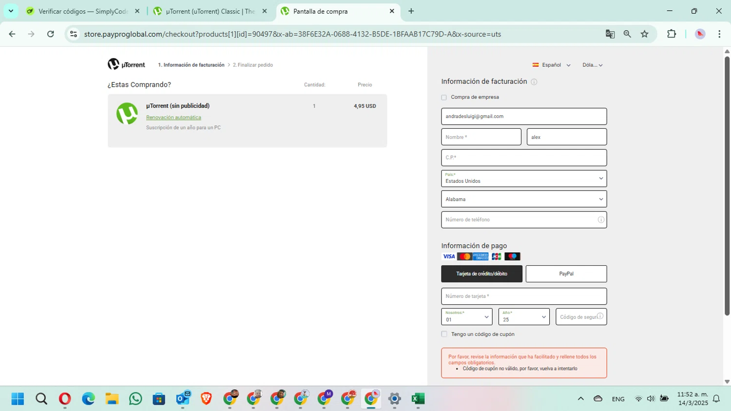 uTorrent coupon code screenshot showing code SAVE15 applied at uTorrent checkout page. Uploaded by SimplyCodes community member MariAPB on Mar 14, 2025