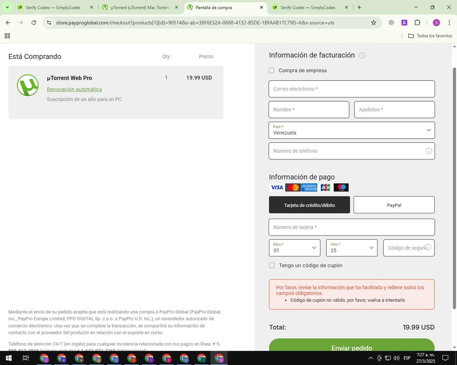 uTorrent coupon code screenshot showing code SAVE15 applied at uTorrent checkout page. Uploaded by SimplyCodes community member CouponScout7561 on Mar 27, 2025