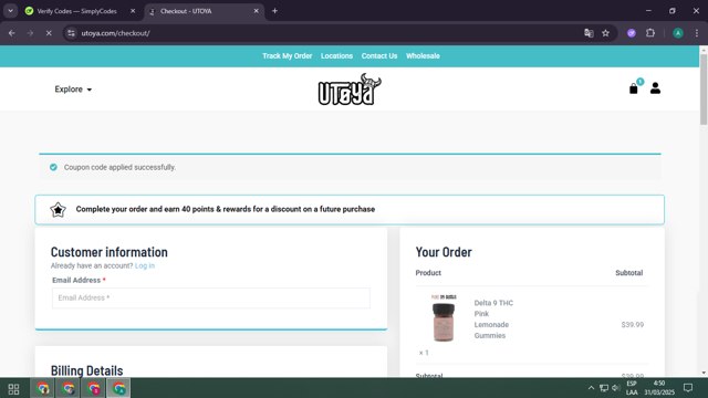 Utoya checkout page showing Utoya discount code box | Screenshot taken by SimplyCodes community member on Mar 31, 2025