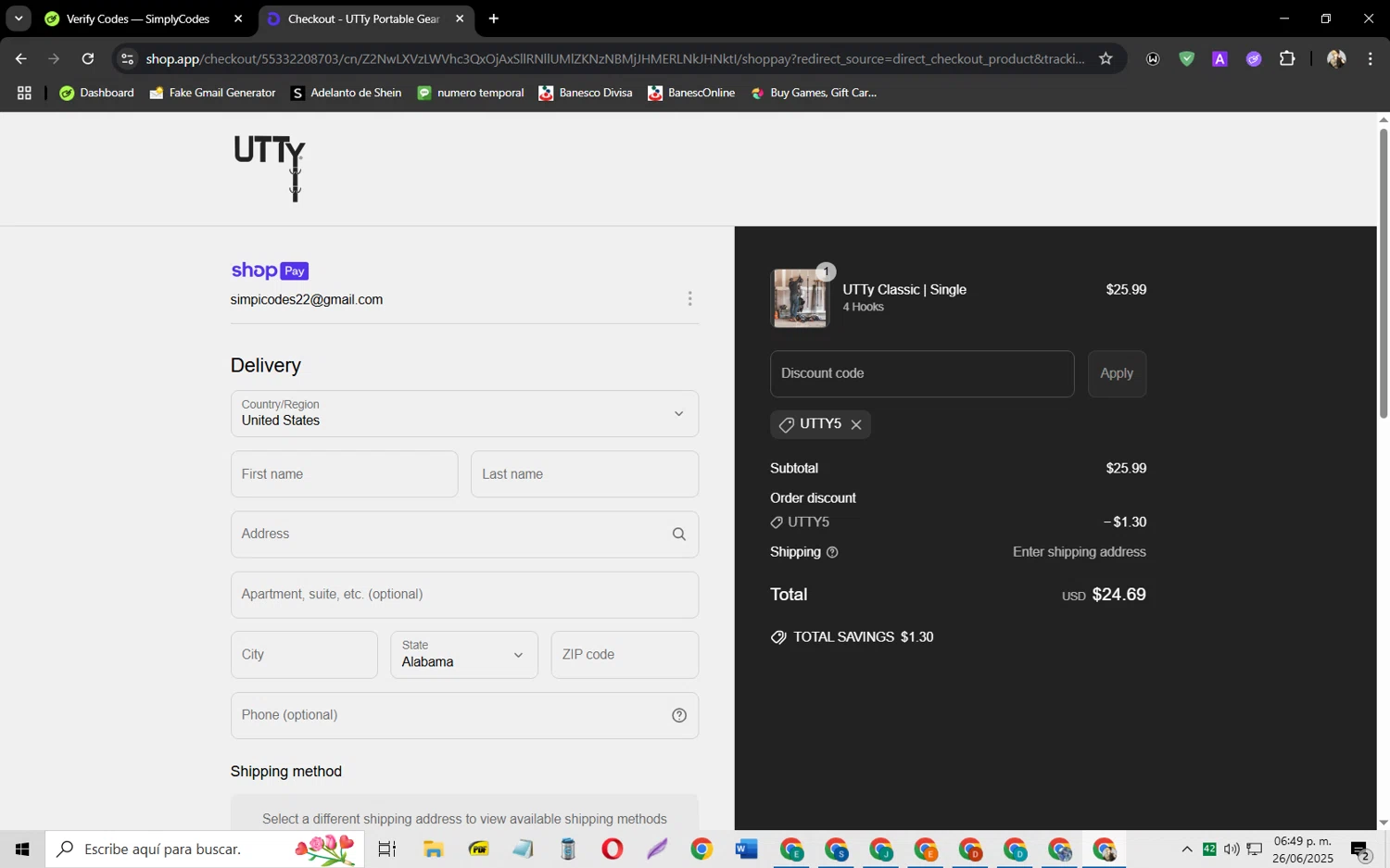UTTy promo code screenshot showing code UTTY5 applied at UTTy checkout page. Uploaded by SimplyCodes community member jeysosmoore on Jun 26, 2025