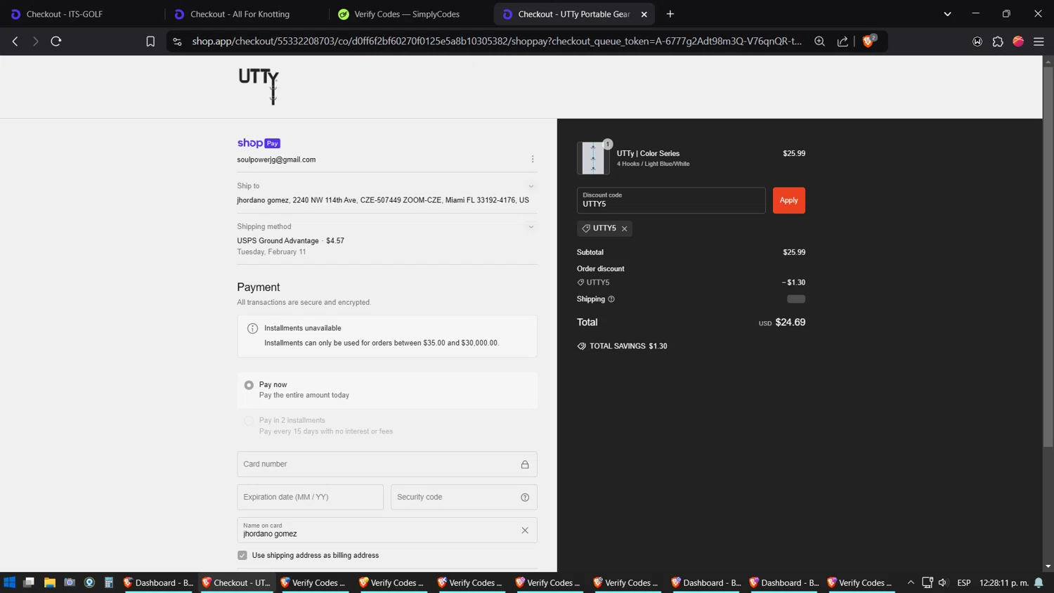 UTTy promo code screenshot showing code UTTY5 applied at UTTy checkout page. Uploaded by SimplyCodes community member verifier_983798000 on Feb 5, 2025