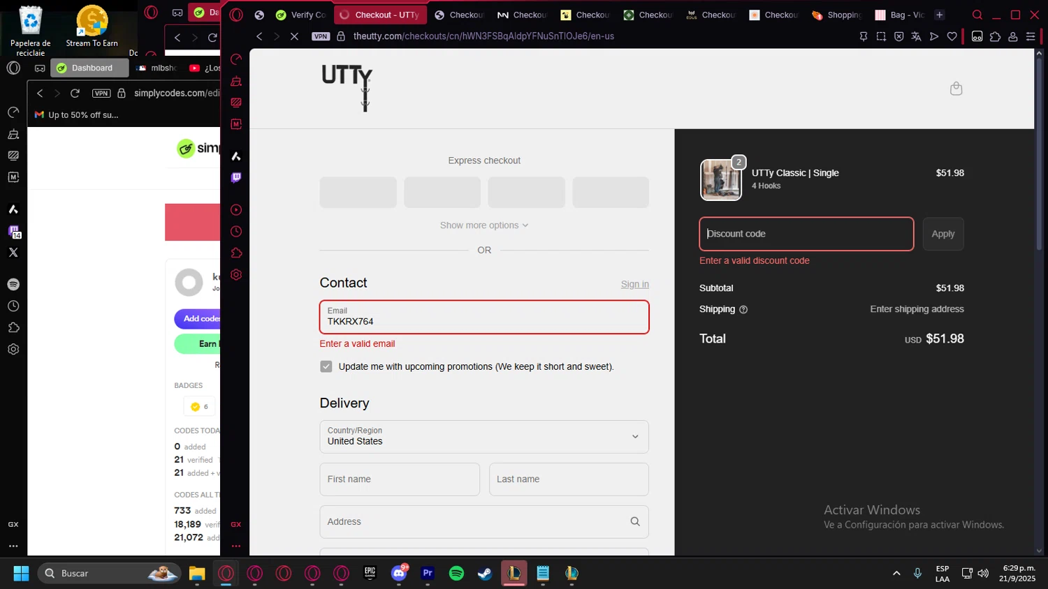 UTTy promo code screenshot showing code TKKRX764 applied at UTTy checkout page. Uploaded by SimplyCodes community member Billyyou on Sep 21, 2025