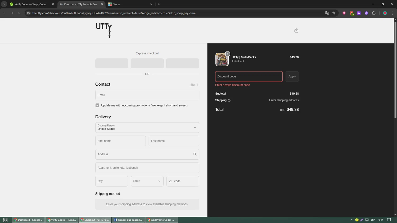 UTTy promo code screenshot showing code TKKRX764 applied at UTTy checkout page. Uploaded by SimplyCodes community member Papotico on Sep 21, 2025