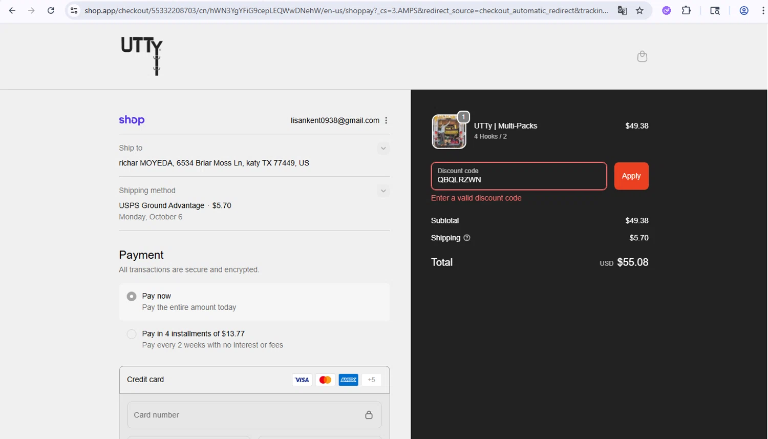 UTTy promo code screenshot showing code QBQLRZWN applied at UTTy checkout page. Uploaded by SimplyCodes community member PrimeWarden1601 on Sep 30, 2025