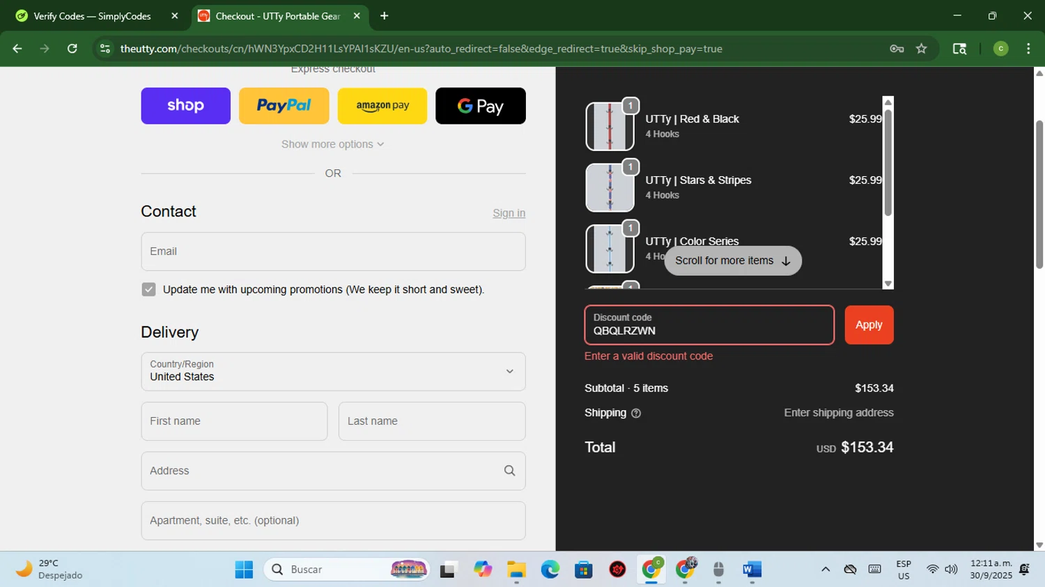 UTTy promo code screenshot showing code QBQLRZWN applied at UTTy checkout page. Uploaded by SimplyCodes community member coromotopalmar on Sep 30, 2025