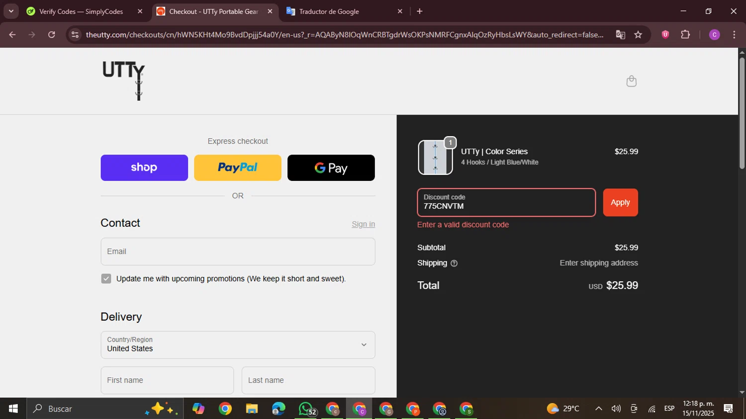 UTTy promo code screenshot showing code 775CNVTM applied at UTTy checkout page. Uploaded by SimplyCodes community member FrugalPro5078 on Nov 15, 2025