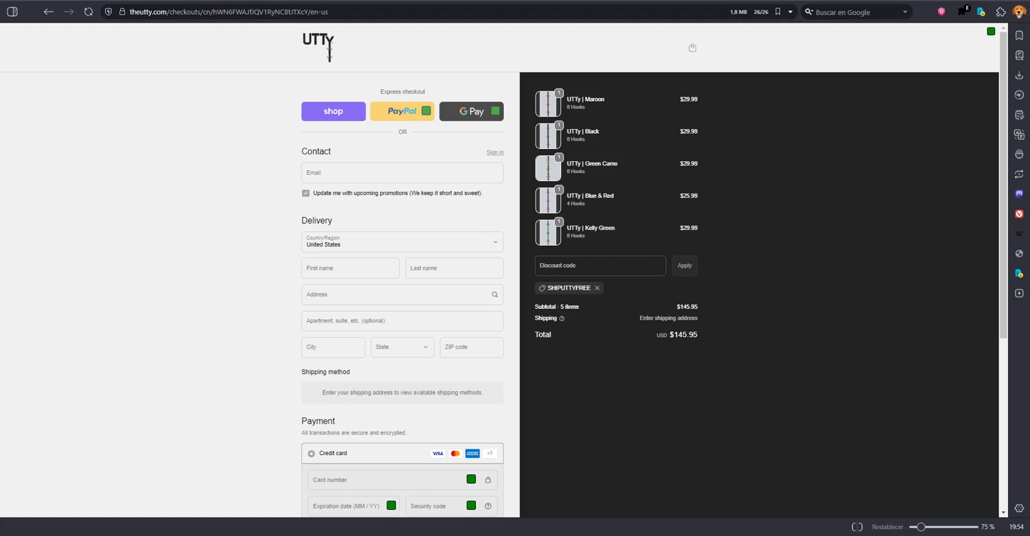 UTTy promo code screenshot showing code SHIPUTTYFREE applied at UTTy checkout page. Uploaded by SimplyCodes community member MRDEAL on Dec 9, 2025