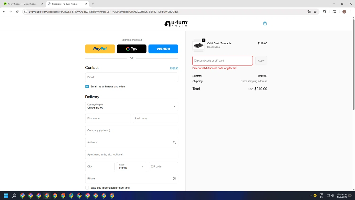 U-Turn Audio discount code screenshot showing code EMERGENCY10 applied at U-Turn Audio checkout page. Uploaded by SimplyCodes community member BENELLI on Feb 12, 2026