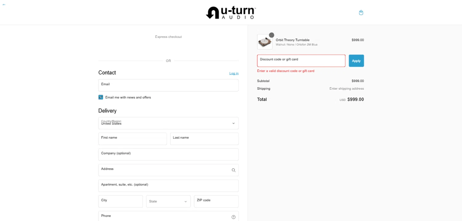 U-Turn Audio discount code screenshot showing code EMERGENCY10 applied at U-Turn Audio checkout page. Uploaded by SimplyCodes community member ThriftyPhoenix5129 on Dec 29, 2024