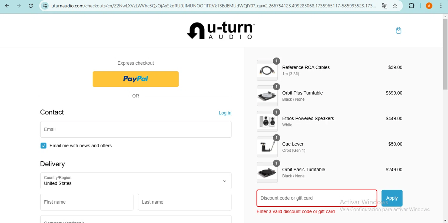 U-Turn Audio discount code screenshot showing code EMERGENCY10 applied at U-Turn Audio checkout page. Uploaded by SimplyCodes community member dayhanapachano on Jan 4, 2025