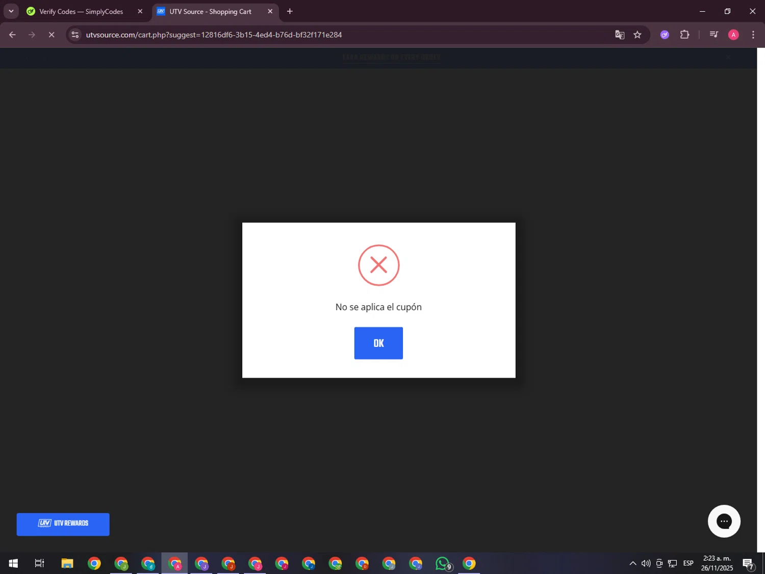 UTV Source coupon code screenshot showing code INCART5 applied at UTV Source checkout page. Uploaded by SimplyCodes community member CrownHawk3462 on Nov 26, 2025