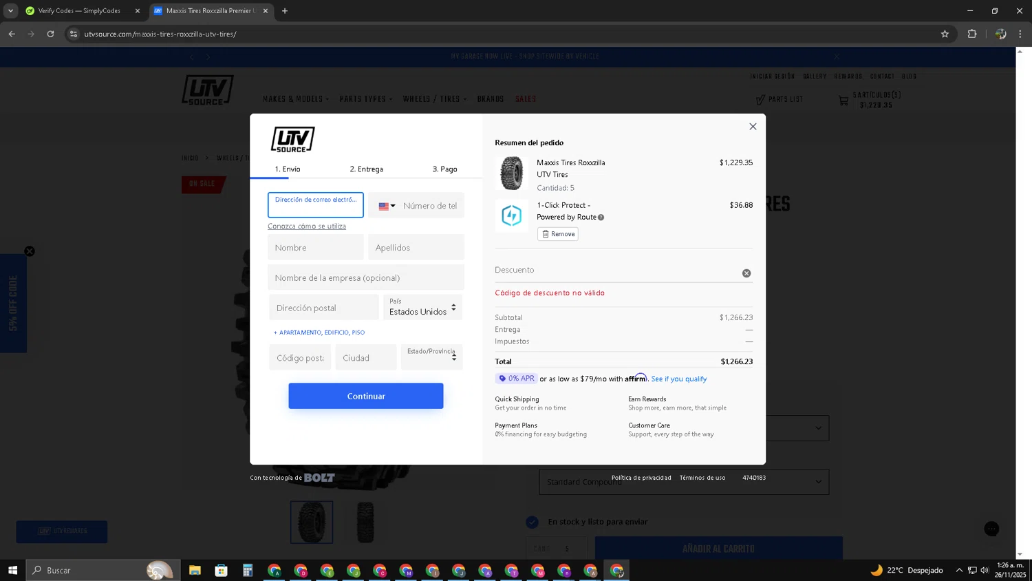 UTV Source coupon code screenshot showing code INCART5 applied at UTV Source checkout page. Uploaded by SimplyCodes community member LegendaryTitan3375 on Nov 26, 2025