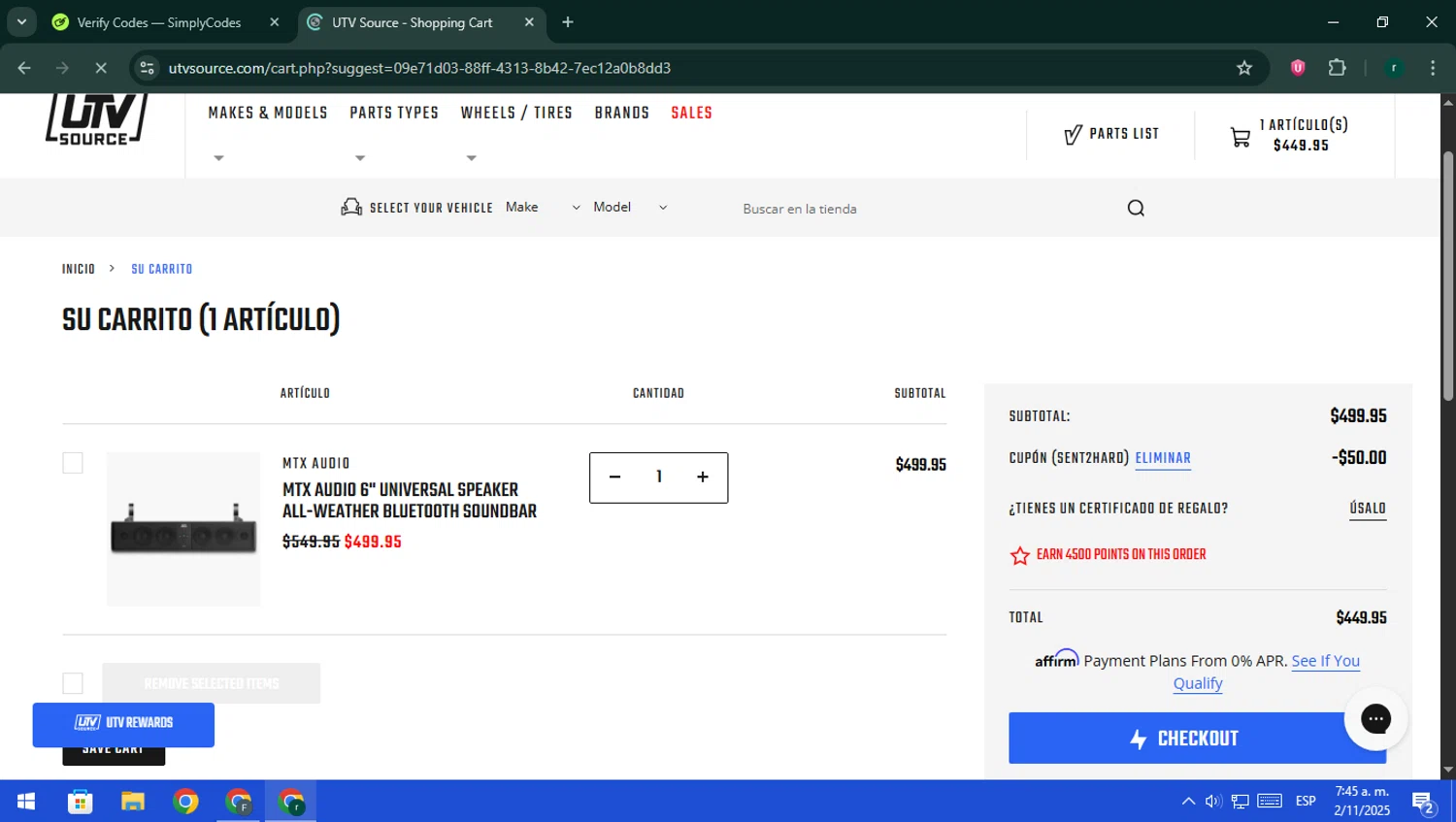 UTV Source checkout page showing UTV Source coupon code box | Screenshot taken by SimplyCodes community member on Nov 2, 2025
