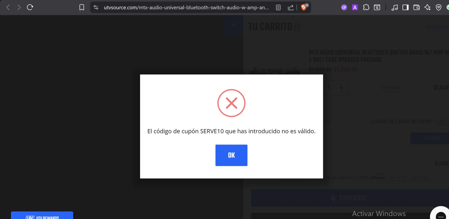 UTV Source coupon code screenshot showing code SERVE10 applied at UTV Source checkout page. Uploaded by SimplyCodes community member CashElite5536 on Nov 22, 2025