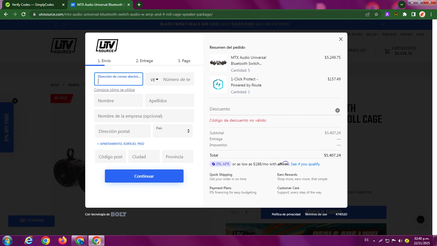 UTV Source coupon code screenshot showing code SERVE10 applied at UTV Source checkout page. Uploaded by SimplyCodes community member LegendaryBoss7060 on Nov 22, 2025