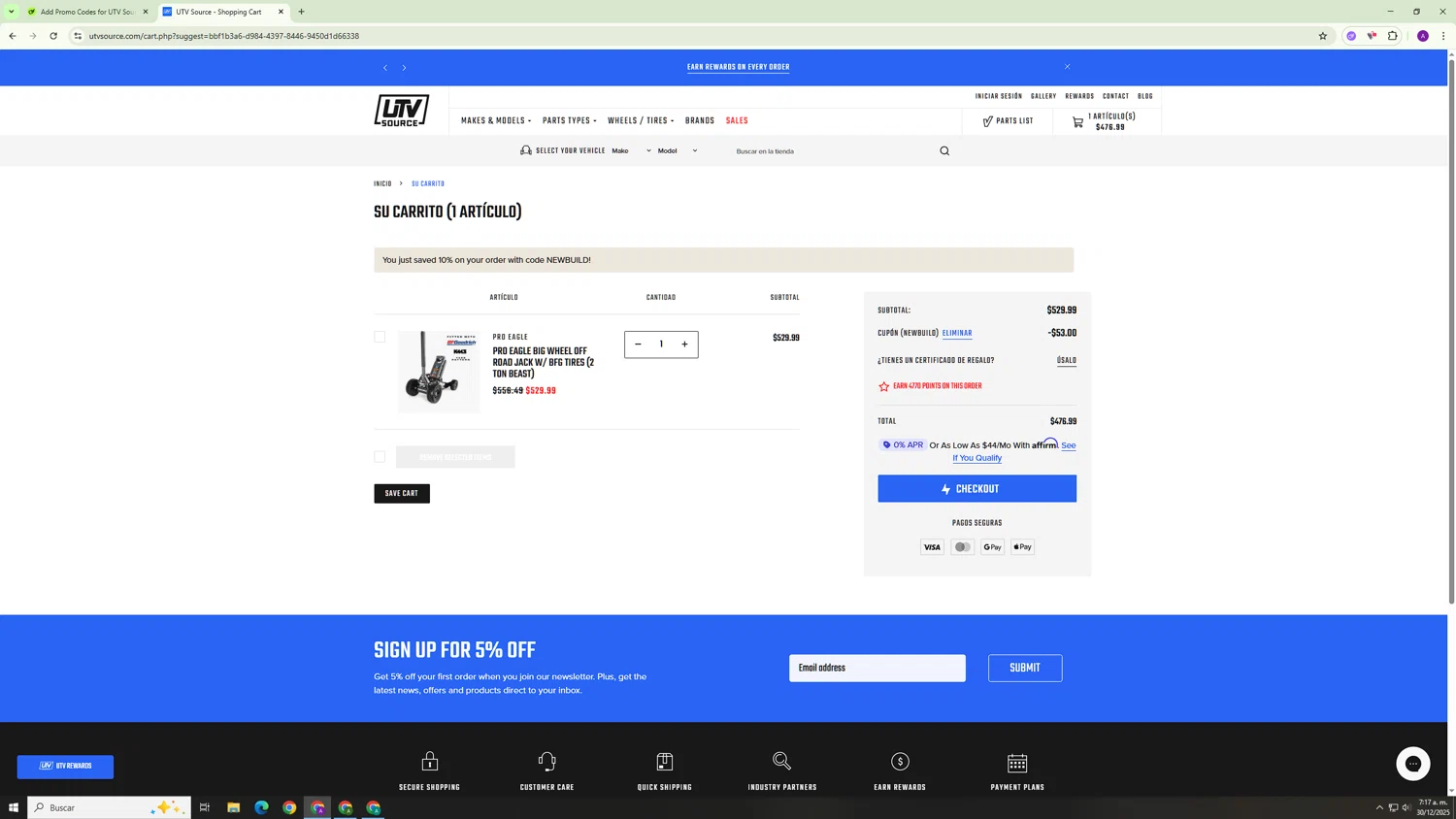 UTV Source coupon code screenshot showing code NEWBUILD applied at UTV Source checkout page. Uploaded by SimplyCodes community member Hasta_El_Final on Dec 30, 2025