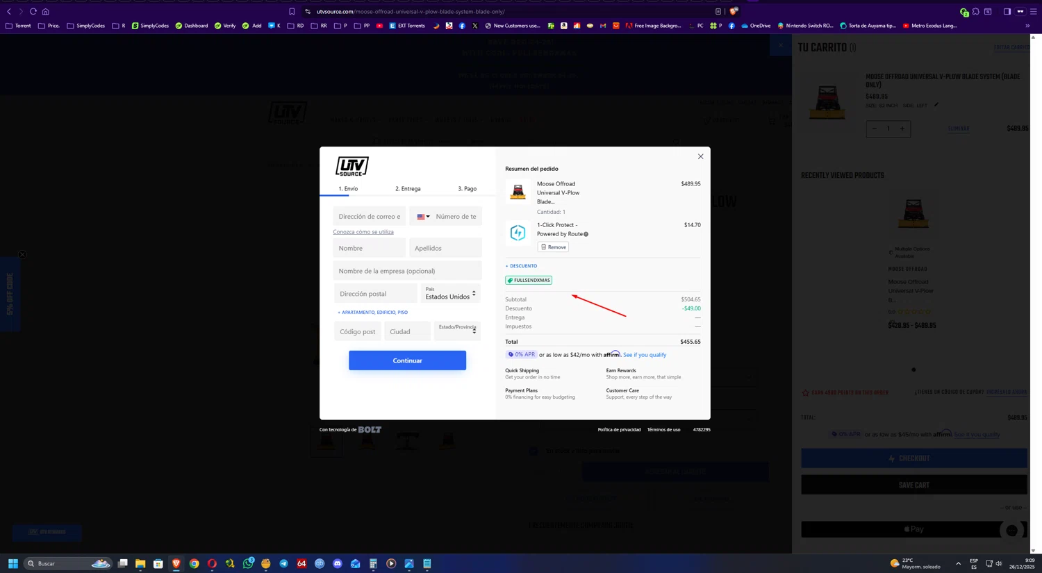UTV Source coupon code screenshot showing code FULLSENDXMAS applied at UTV Source checkout page. Uploaded by SimplyCodes community member UnkNownVnzla on Dec 26, 2025