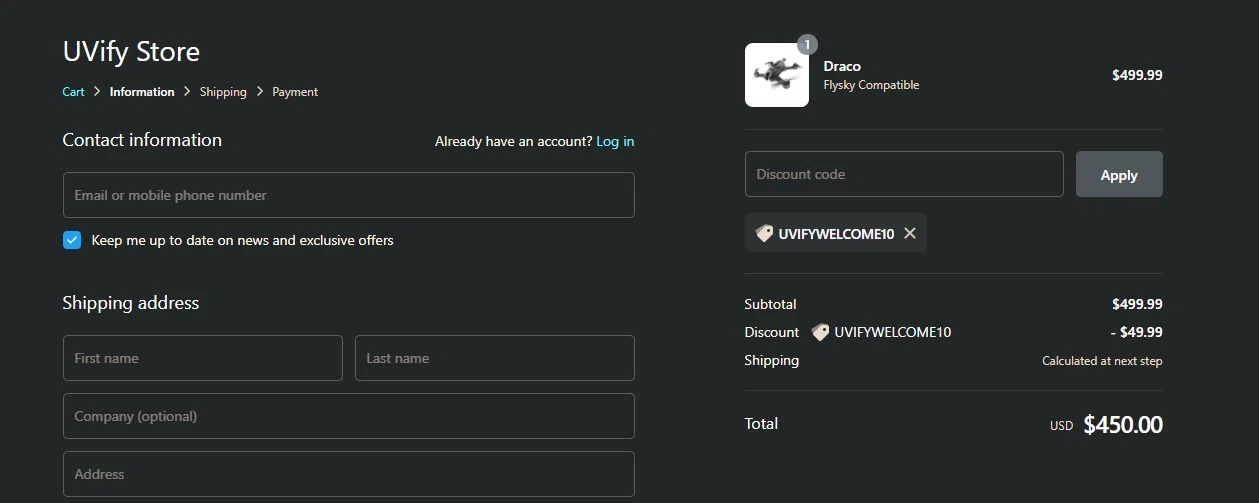 where to use Vertigo Drones promo code box