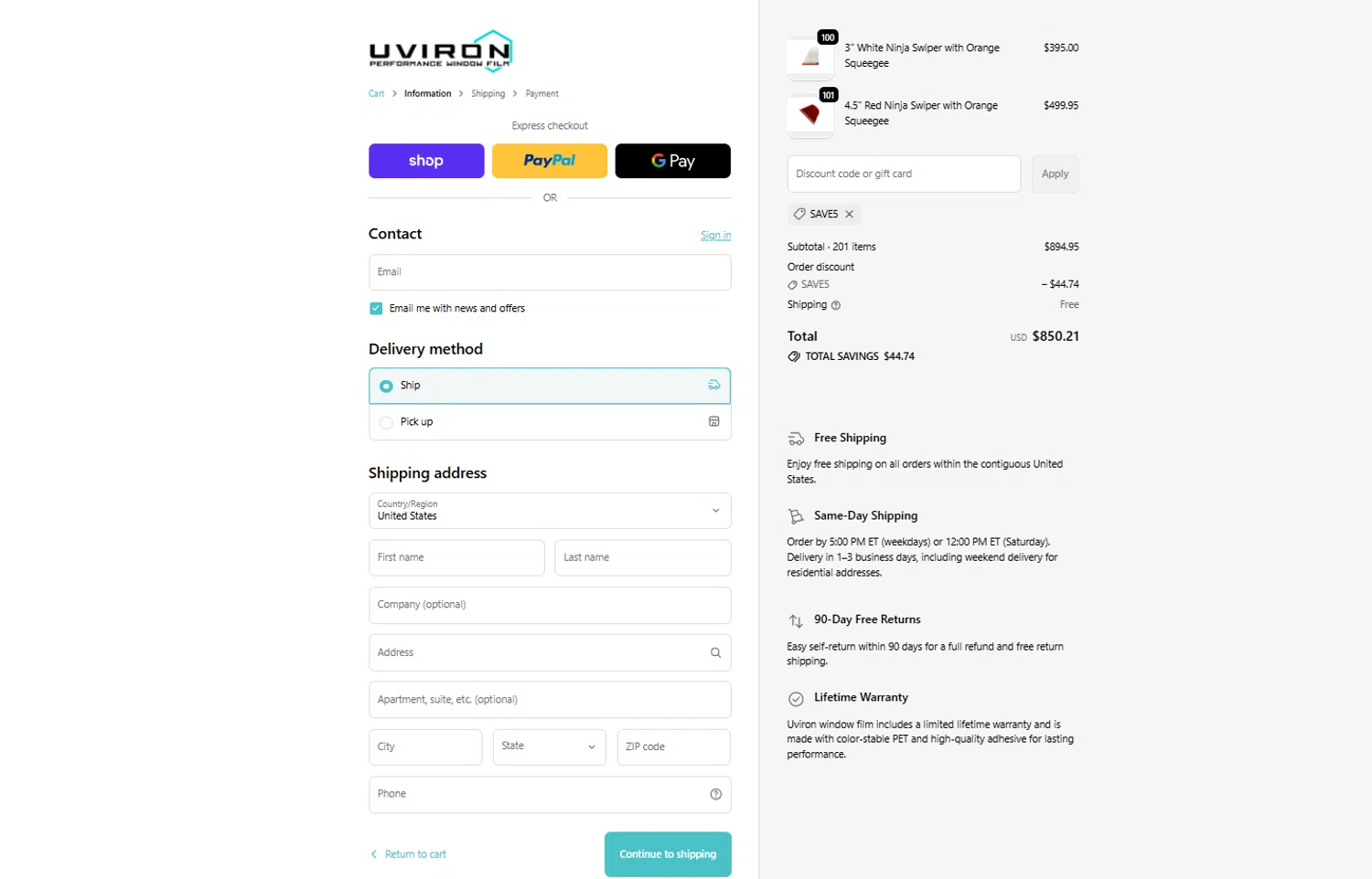Uviron discount code screenshot showing code SAVE5 applied at Uviron checkout page. Uploaded by SimplyCodes community member reggiesmith on Feb 18, 2026