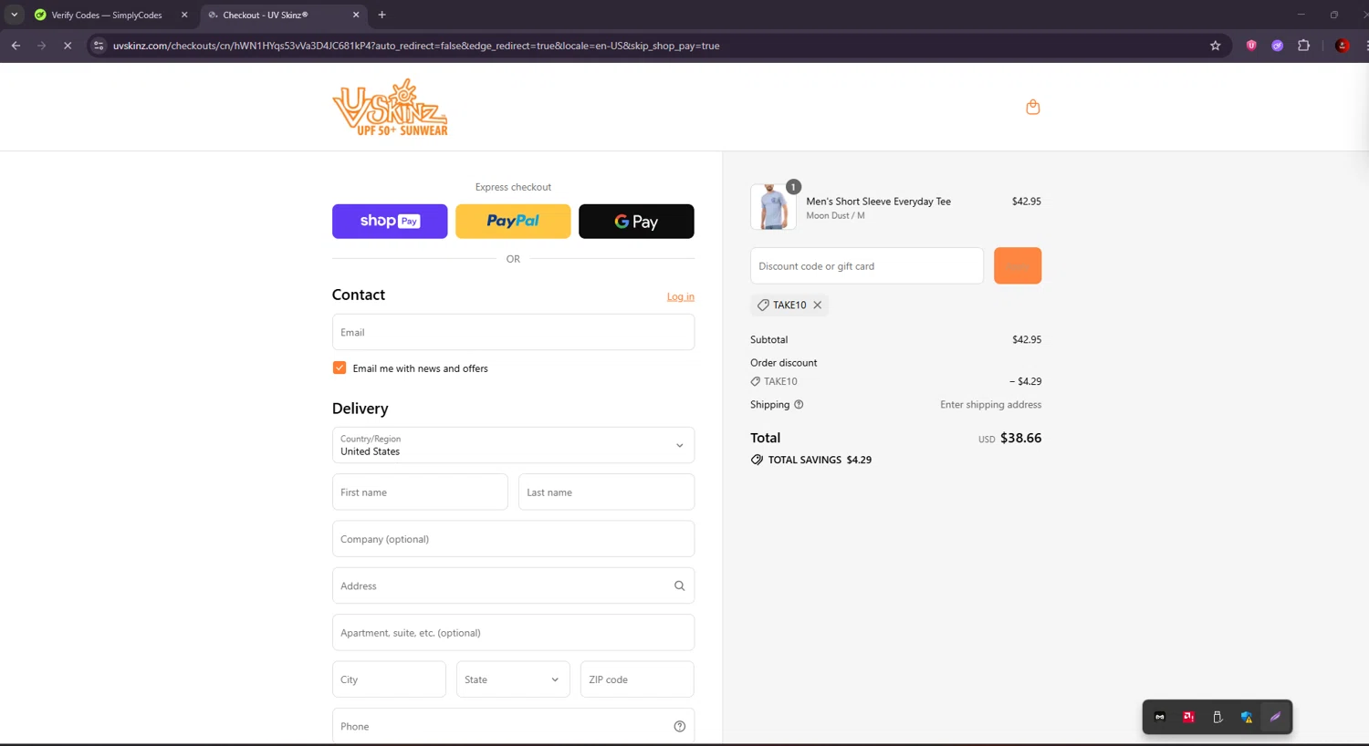 UV Skinz coupon code screenshot showing code TAKE10 applied at UV Skinz checkout page. Uploaded by SimplyCodes community member BrilliantSaver7516 on Aug 1, 2025