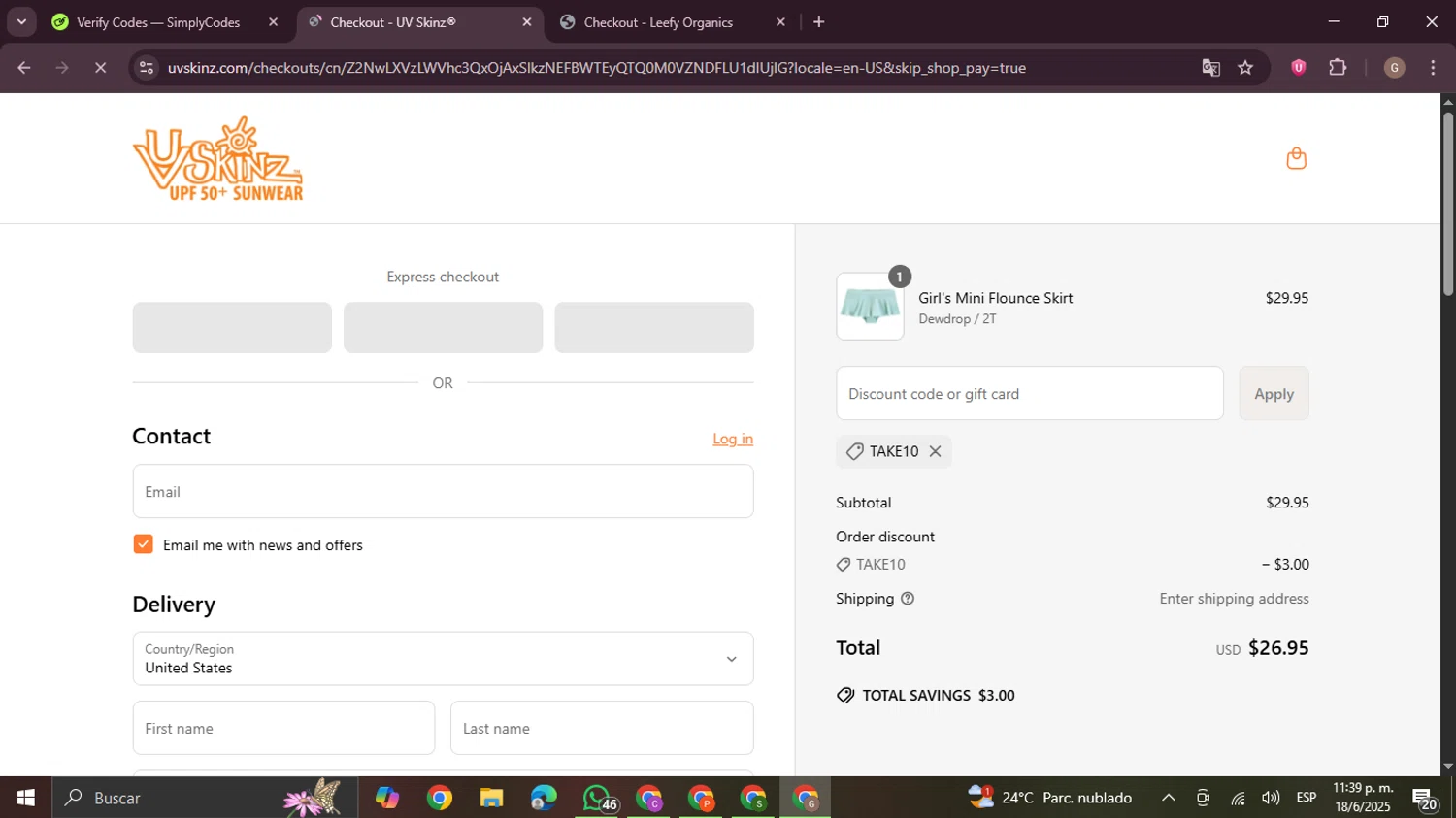 UV Skinz coupon code screenshot showing code TAKE10 applied at UV Skinz checkout page. Uploaded by SimplyCodes community member BrilliantTracker4207 on Jun 19, 2025