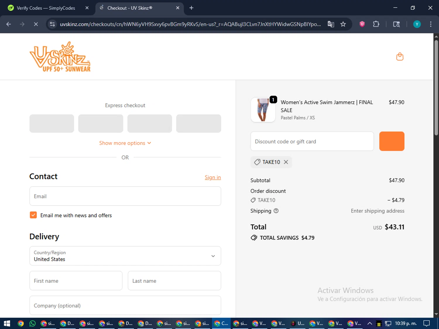 UV Skinz coupon code screenshot showing code TAKE10 applied at UV Skinz checkout page. Uploaded by SimplyCodes community member RoyalEagle4794 on Dec 29, 2025