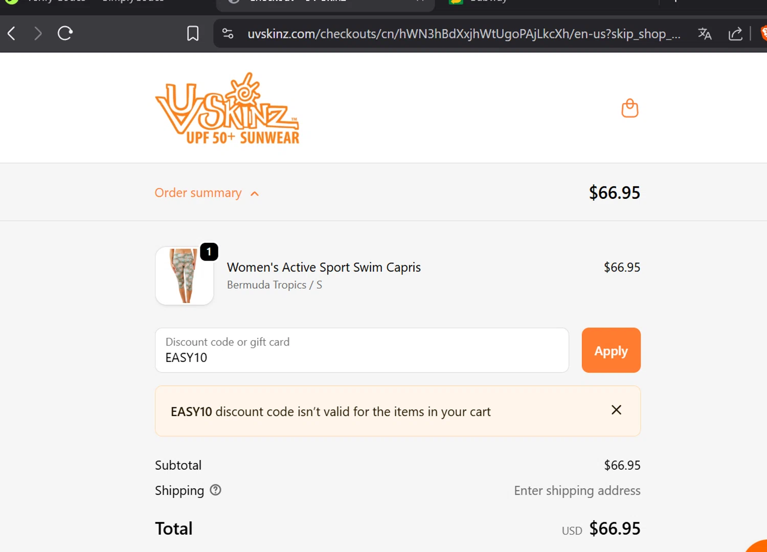 UV Skinz coupon code screenshot showing code EASY10 applied at UV Skinz checkout page. Uploaded by SimplyCodes community member CoinOwl5103 on Oct 3, 2025