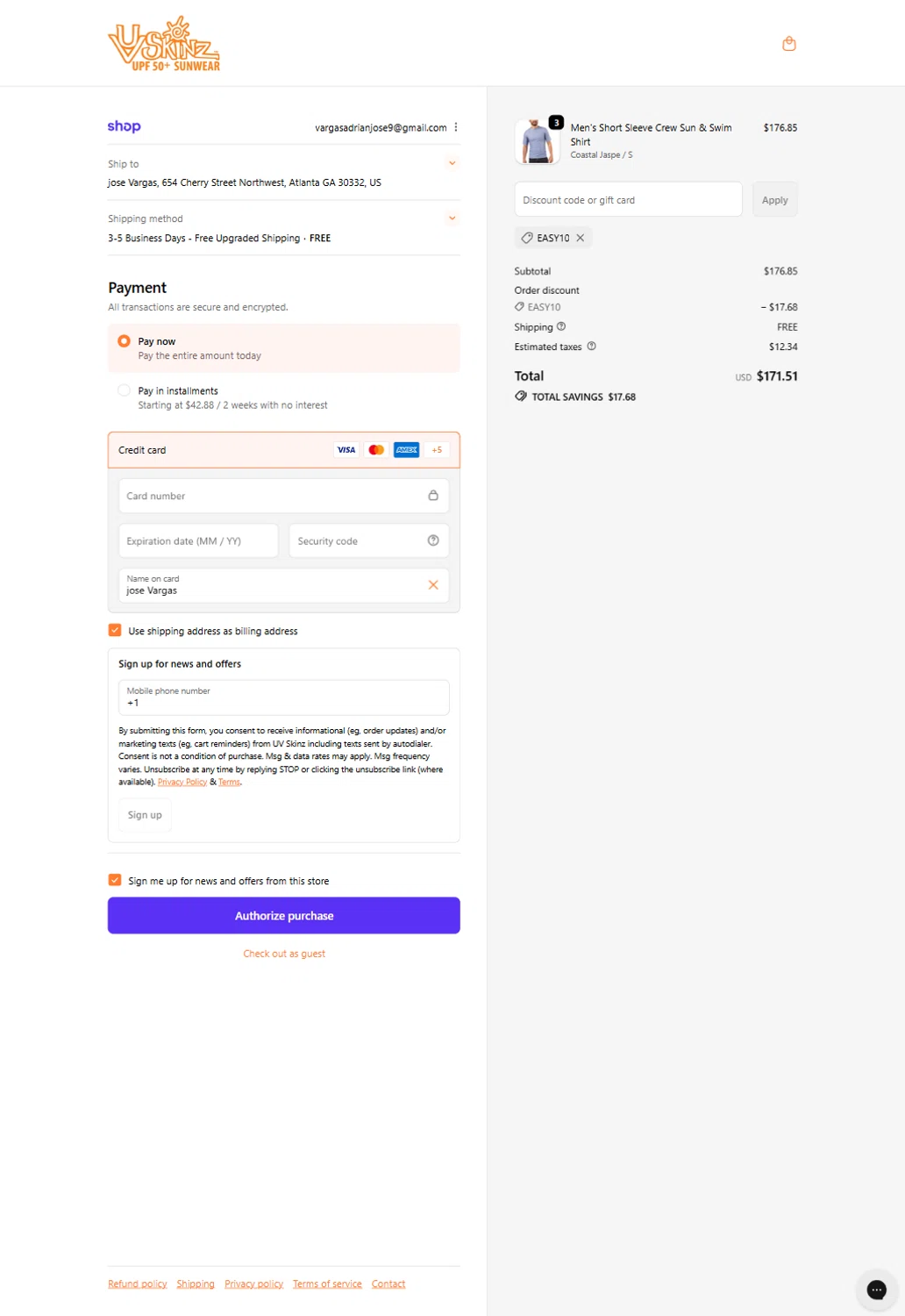 UV Skinz coupon code screenshot showing code EASY10 applied at UV Skinz checkout page. Uploaded by SimplyCodes community member Rossimar on Oct 11, 2025