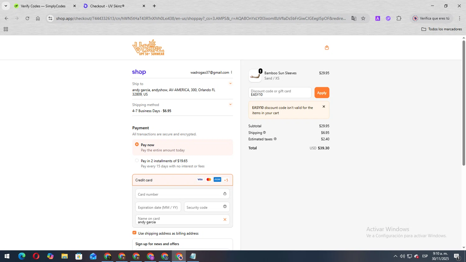 UV Skinz coupon code screenshot showing code EASY10 applied at UV Skinz checkout page. Uploaded by SimplyCodes community member SmartShopper4328 on Nov 30, 2025