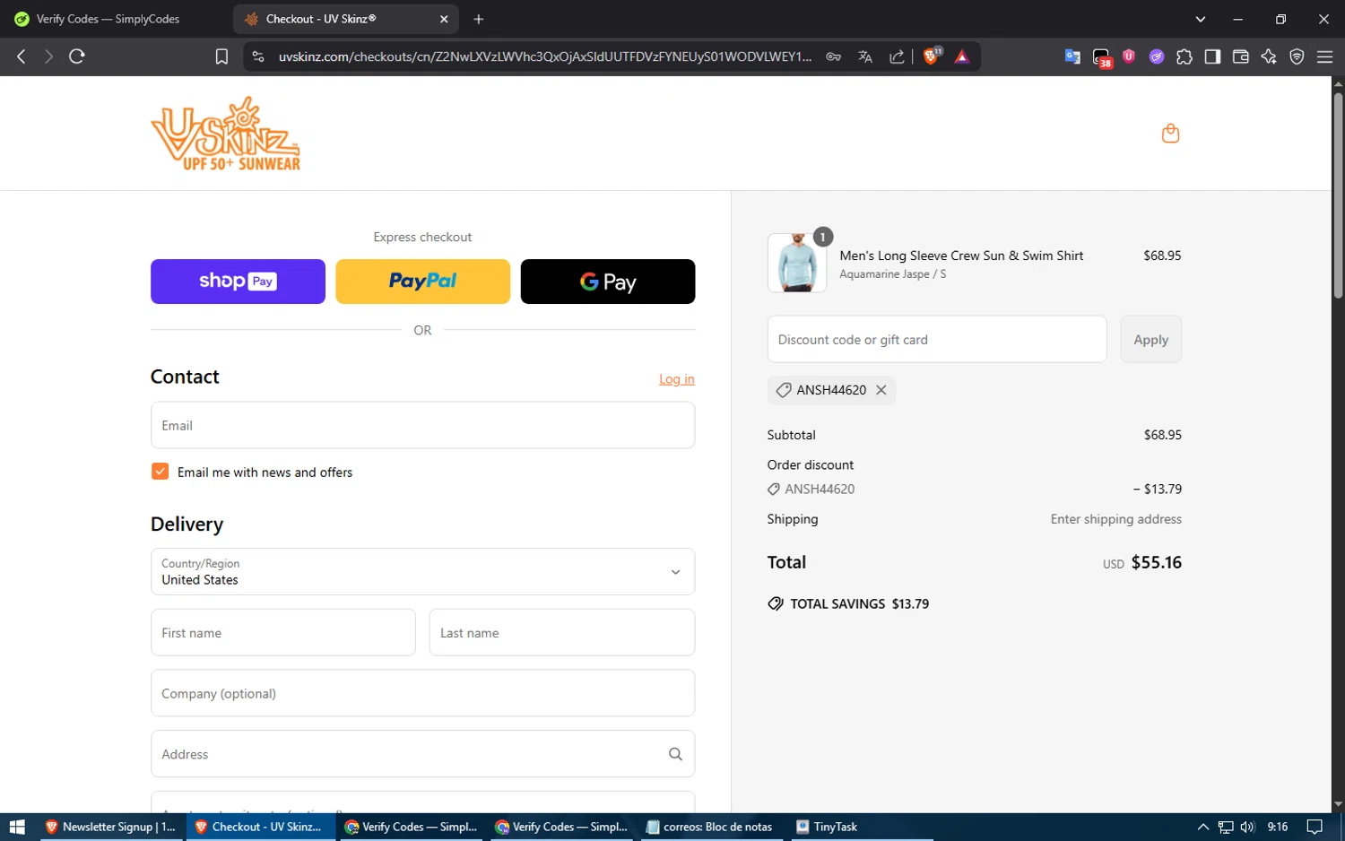 UV Skinz coupon code screenshot showing code ANSH44620 applied at UV Skinz checkout page. Uploaded by SimplyCodes community member usuario500 on Jun 17, 2025