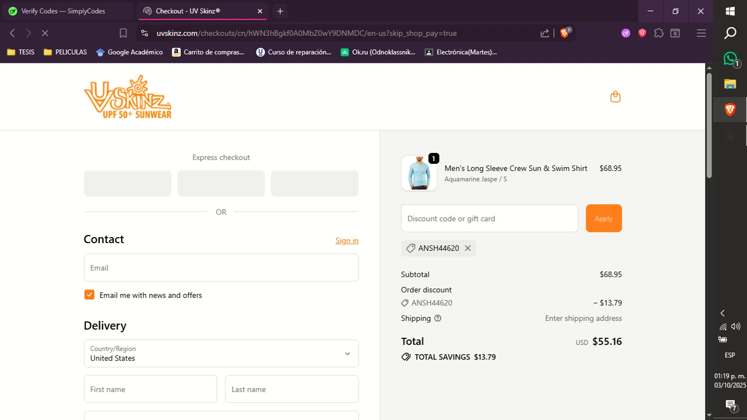 UV Skinz coupon code screenshot showing code ANSH44620 applied at UV Skinz checkout page. Uploaded by SimplyCodes community member xXdevoragoticas69Xx on Oct 3, 2025