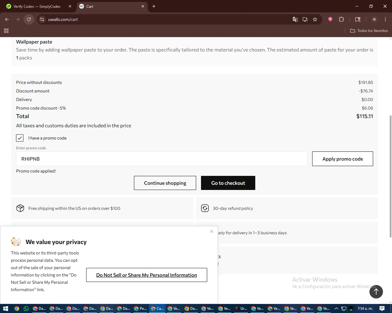 Uwalls checkout page showing Uwalls promo code box | Screenshot taken by SimplyCodes community member on Jan 29, 2026